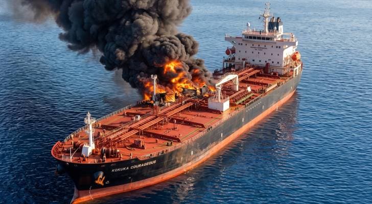انفجار ناقلة نفط في مضيق هرمز إثر اصطدامها بلغم بحري
